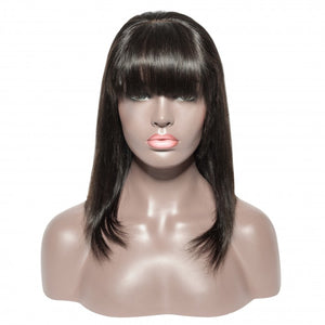 PREMIUM QUALITY #1B  10"-14" 13"x6" Straight Short Lace Front Human Hair Bob Wigs With Bangs