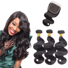 Load image into Gallery viewer, PREMIUM QUALITY HOLLYWOOD GLAMOUR Brazilian Human Hair Body Wave weave Bundles with Closure 12AAA colour 1B Grade  Natural Black
