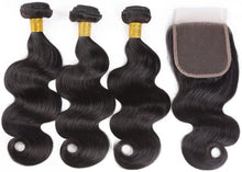 Load image into Gallery viewer, PREMIUM QUALITY HOLLYWOOD GLAMOUR Brazilian Human Hair Body Wave weave Bundles with Closure 12AAA colour 1B Grade  Natural Black
